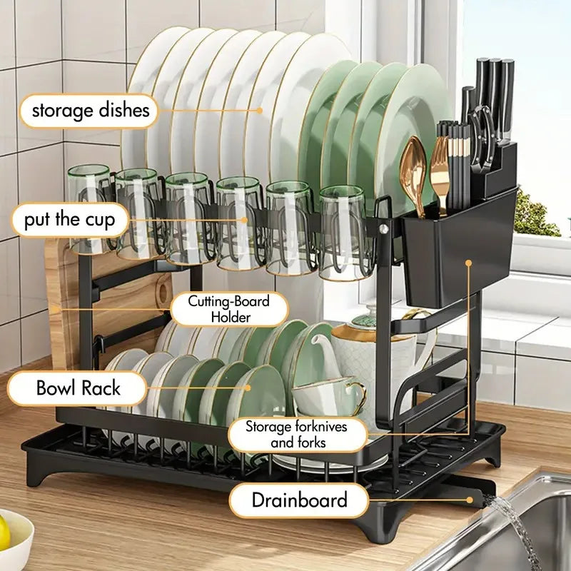 2-Tier Rustproof Dish Drying Rack with Drainboard – Space-Saving Kitchen Organizer