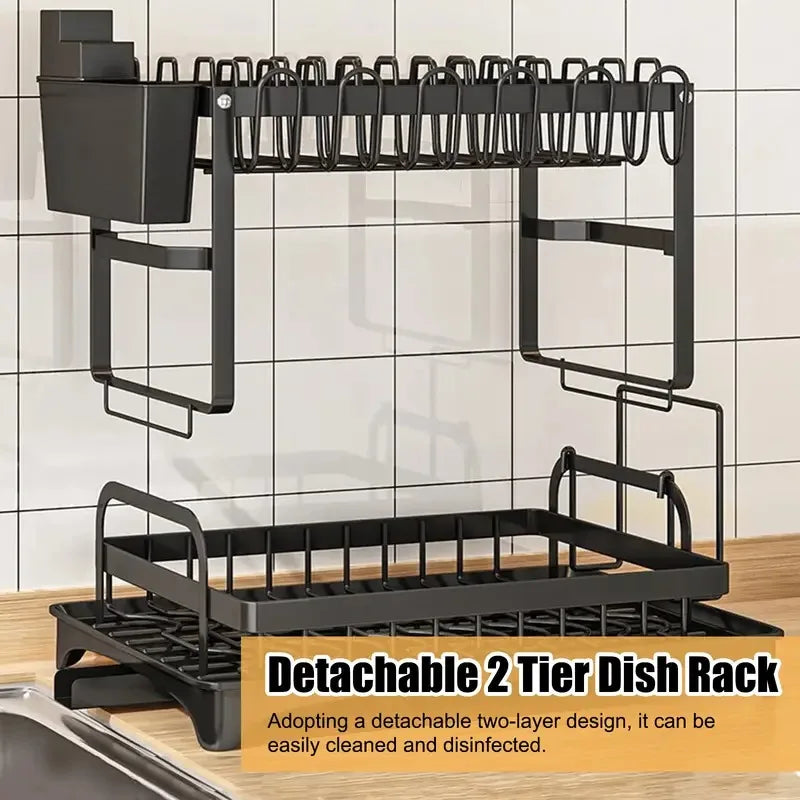 2-Tier Rustproof Dish Drying Rack with Drainboard – Space-Saving Kitchen Organizer