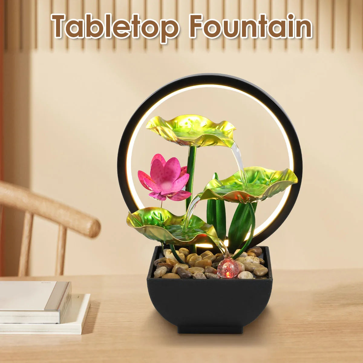 3-Tier Lotus Tabletop Fountain with LED Lights and Rocks