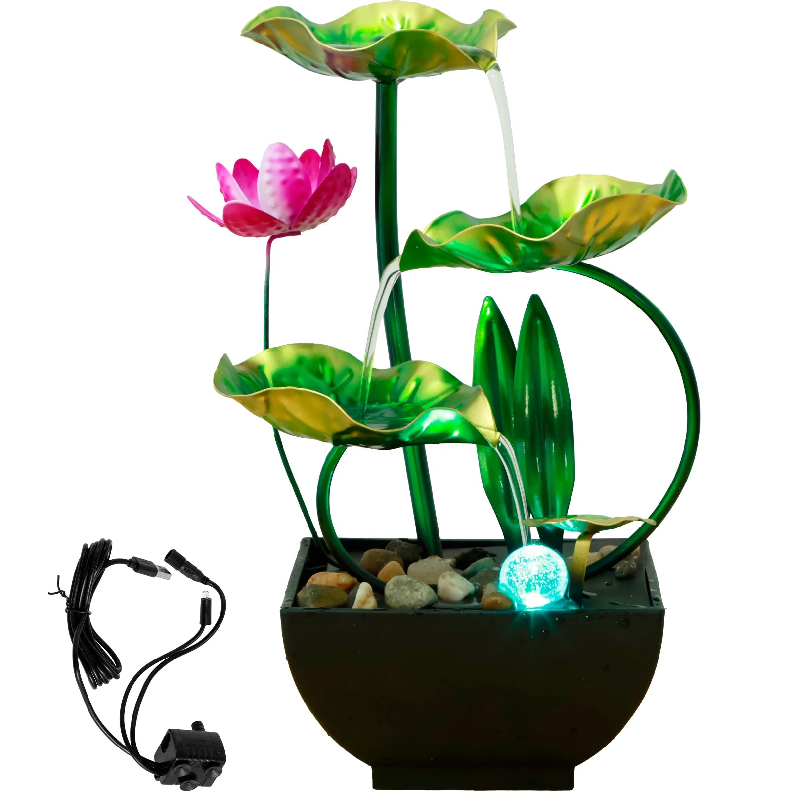 3-Tier Lotus Tabletop Fountain with LED Lights and Rocks