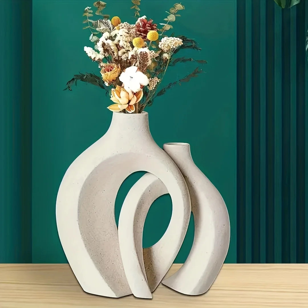 Hollow Nordic Ceramic Vase Set – Modern Boho Flower Vases for Home Decor