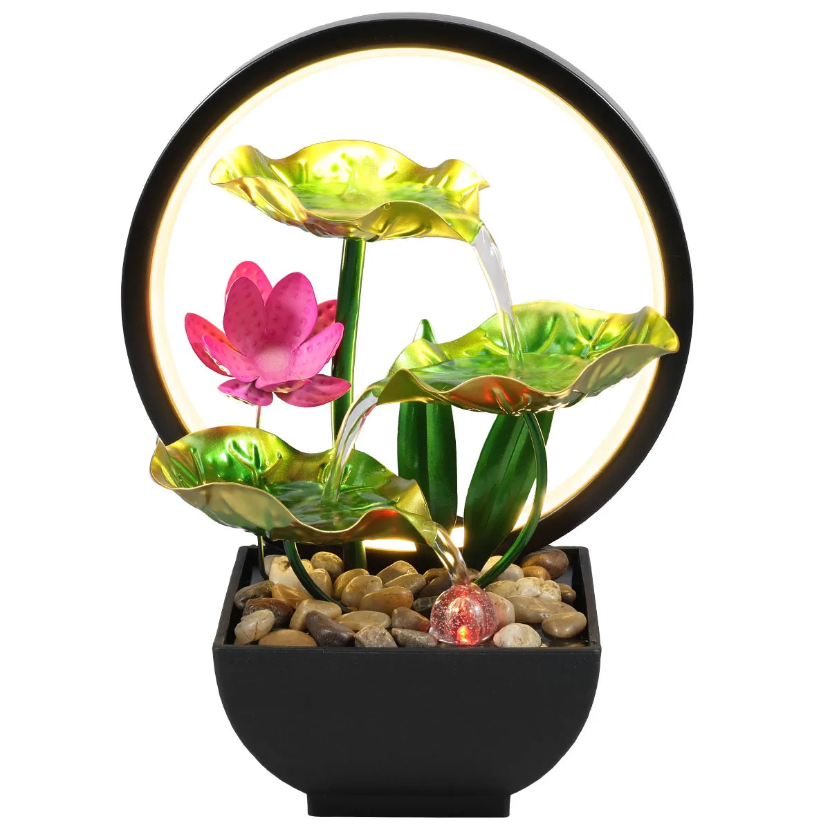 3-Tier Lotus Tabletop Fountain with LED Lights and Rocks