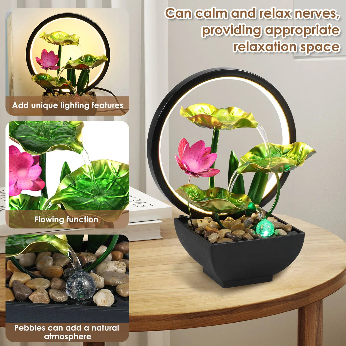 3-Tier Lotus Tabletop Fountain with LED Lights and Rocks