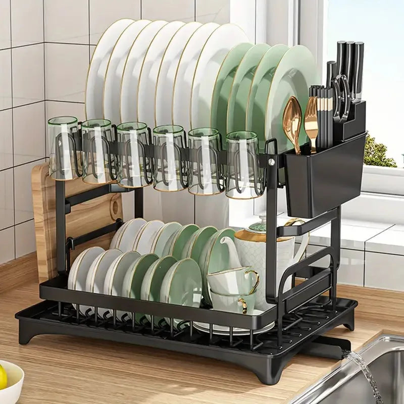 2-Tier Rustproof Dish Drying Rack with Drainboard – Space-Saving Kitchen Organizer