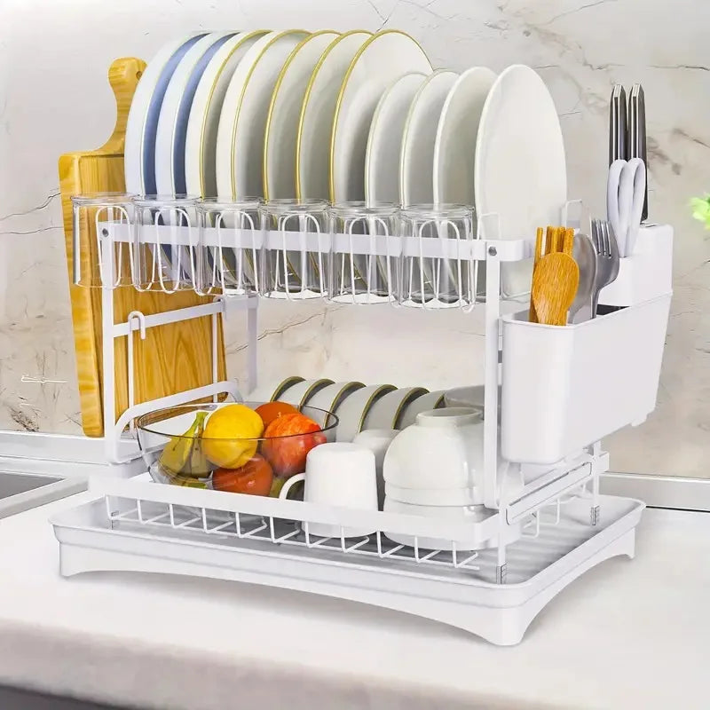 2-Tier Rustproof Dish Drying Rack with Drainboard – Space-Saving Kitchen Organizer