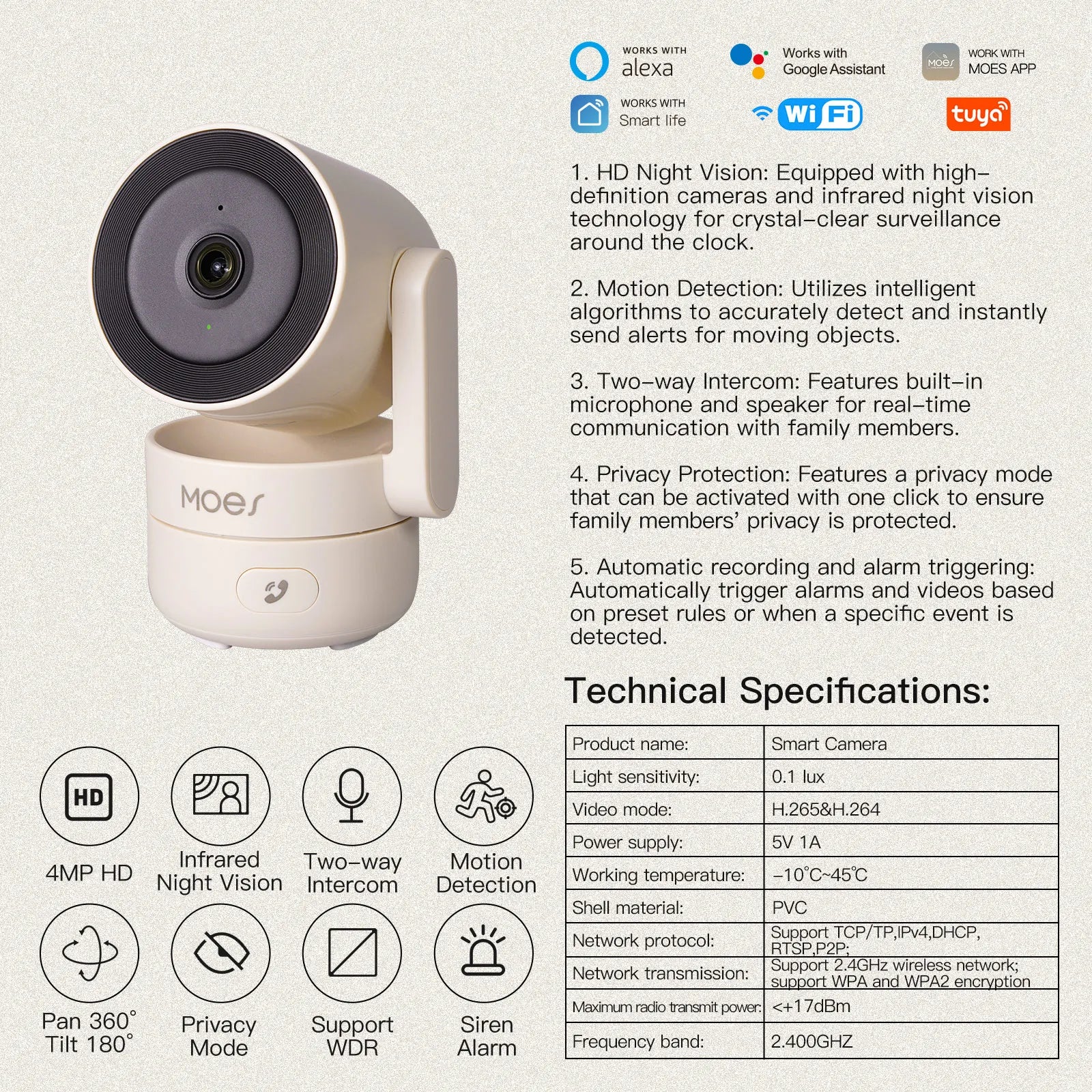 MOES Tuya WiFi Smart Security Camera – 4MP HD, Pan/Tilt, Night Vision