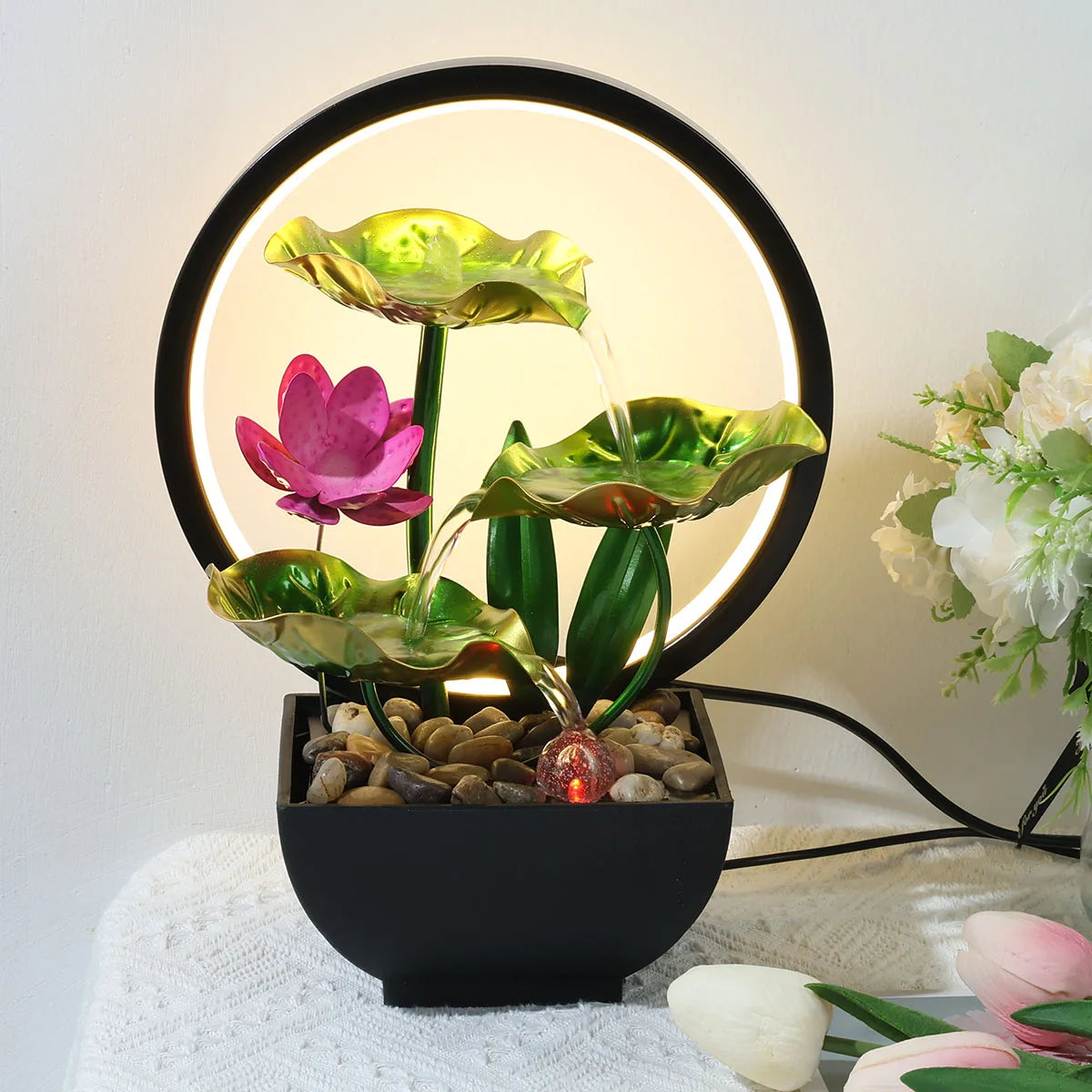 3-Tier Lotus Tabletop Fountain with LED Lights and Rocks